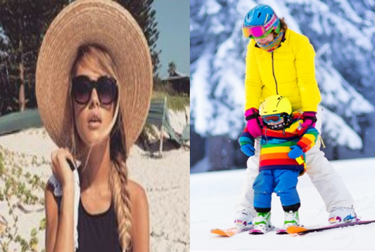 Image of summer on the beach left.and right skiing in the winter